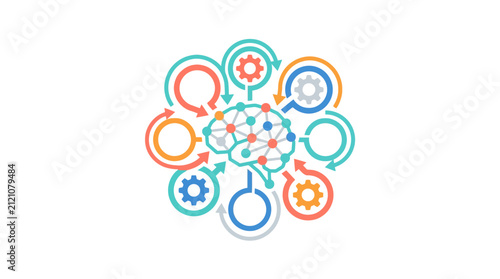 A colorful digital brain graphic with rotating arrows
