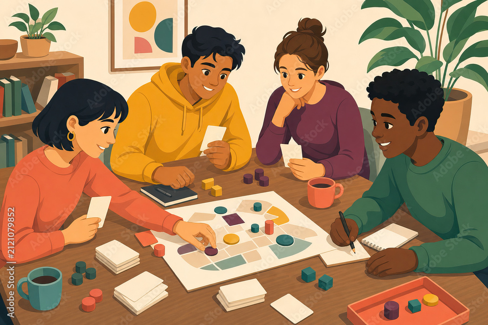 Fototapeta premium Group of diverse friends collaborating on developing a new board game, testing a prototype with game pieces and cards