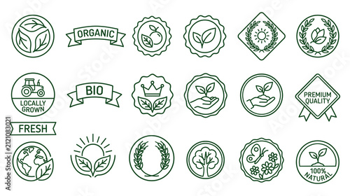 Green organic and bio badges collection with emblems for food and nature products.