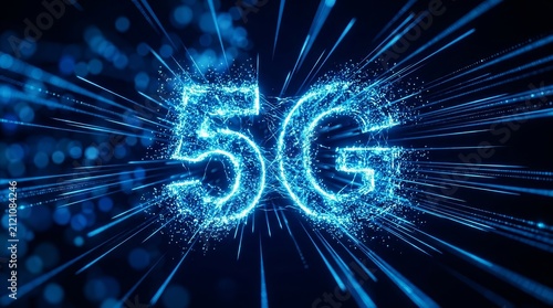 High-speed 5G network connectivity represented by glowing blue light trails and digital particles.