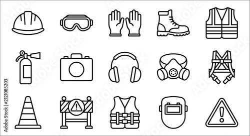 Canvastavla Construction safety equipment line icons including helmet goggles gloves and boo