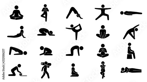 Yoga poses are depicted through a comprehensive set of twenty black stick figure icons on a clean white background.
