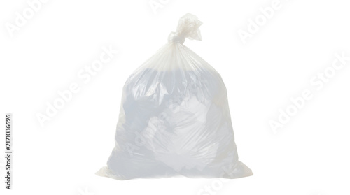 Full clear plastic garbage bag with dark clothes on white background