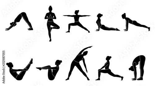 Yoga poses performed by a silhouetted woman demonstrate various stretches and balance exercises for fitness.