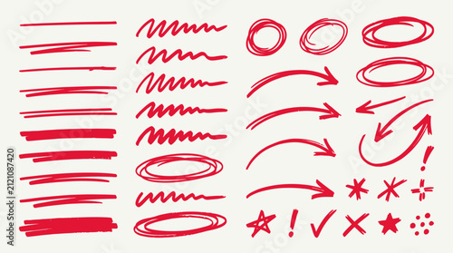 A collection of red hand-drawn lines and symbols on a white background