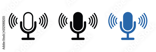 Foto Microphone Icon with voice recording and sound waves in outline and solid black