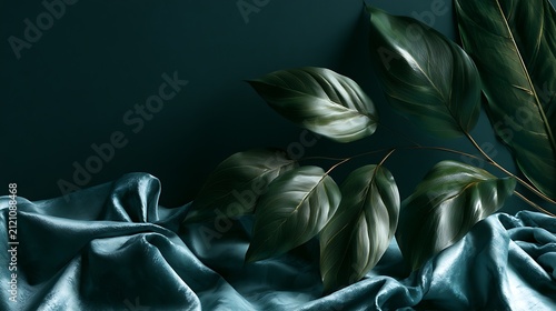 dark green leaves on blue satin fabric