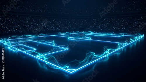 Abstract glowing blue soccer pitch in a high-tech digital stadium environment.
