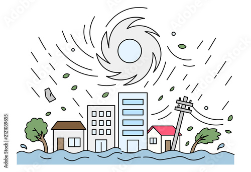 Typhoon Approaching Coastal Town with Strong Winds Heavy Rain Flooding Buildings and Disaster Preparedness Concept