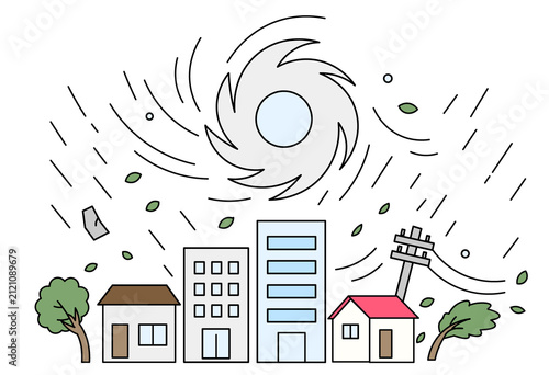 Typhoon Approaching Coastal Town with Strong Winds Heavy Rain Flooding Buildings and Disaster Preparedness Concept