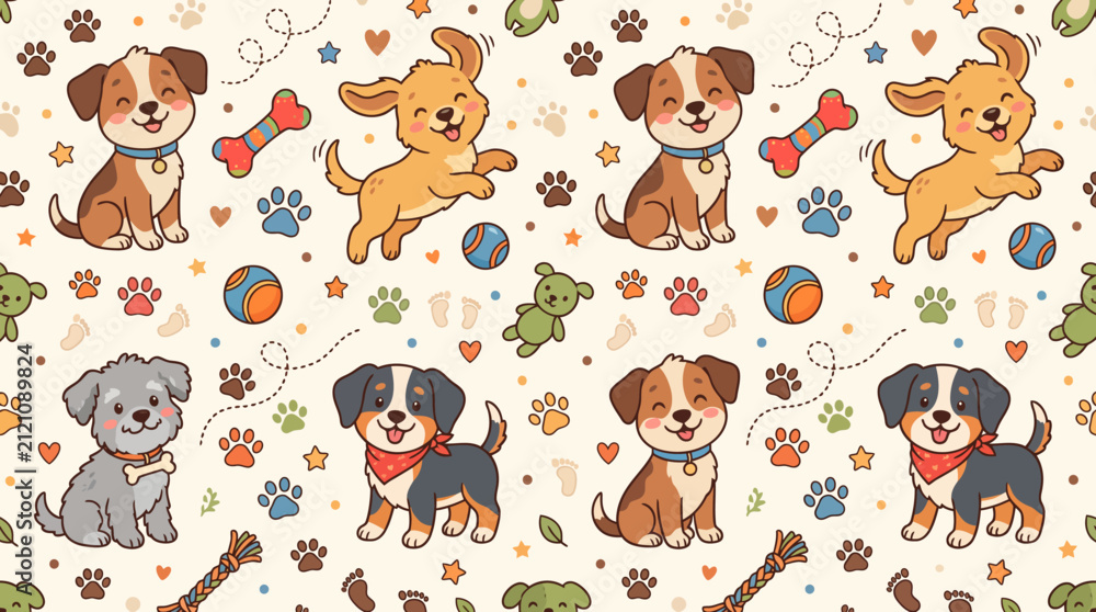 Fototapeta premium An illustration of cartoon dogs and puppies playing with toys and treats