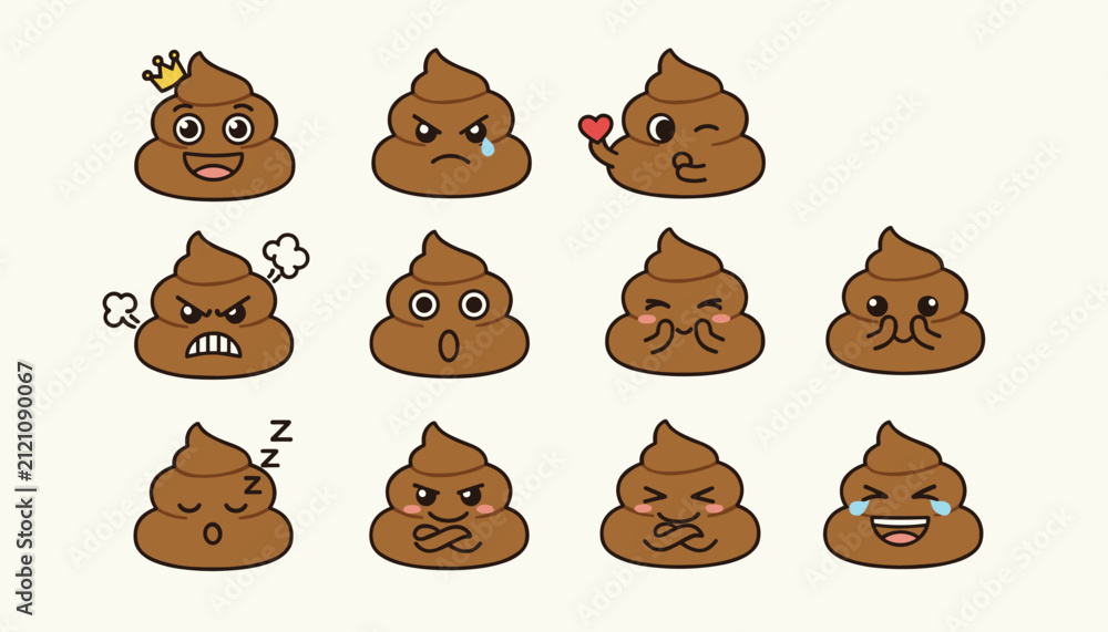 Fototapeta premium Cute collection of brown cartoon poop emojis showing different facial expressions and emotions, vector illustration.