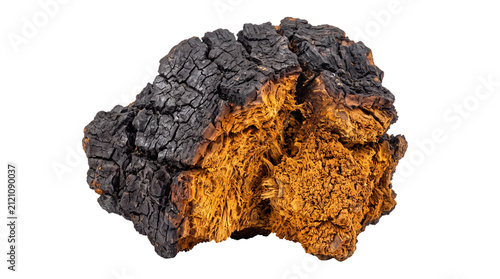 Natural chaga mushroom chunk with black charred exterior, wild medicinal birch fungus for herbal tea, raw inonotus obliquus conk isolated PNG with Transparent Background