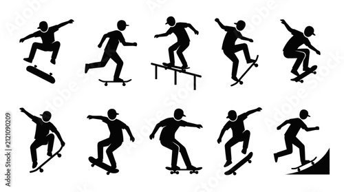 Принти на полотні Skateboarders perform various tricks and maneuvers in this collection of black silhouette icons