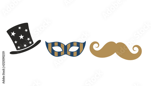 Colorful party photo booth props including a black star-patterned top hat, striped masquerade mask, and gold mustache.
