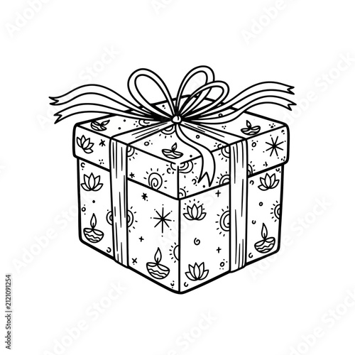 The Image Is A Black And White Line Drawing Of A Gift Box The Box Is
