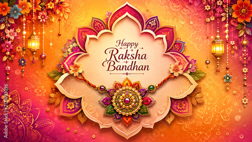 Happy raksha bandhan ornate jeweled floral rakhi with golden lanterns vivid flowers mandala frame and warm orange background celebrating radiant rakhi purnima