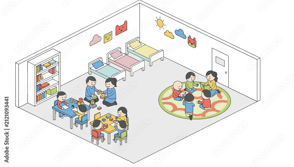 Naklejka premium Isometric interior of a colorful daycare classroom with children playing, drawing, and sleeping in beds.