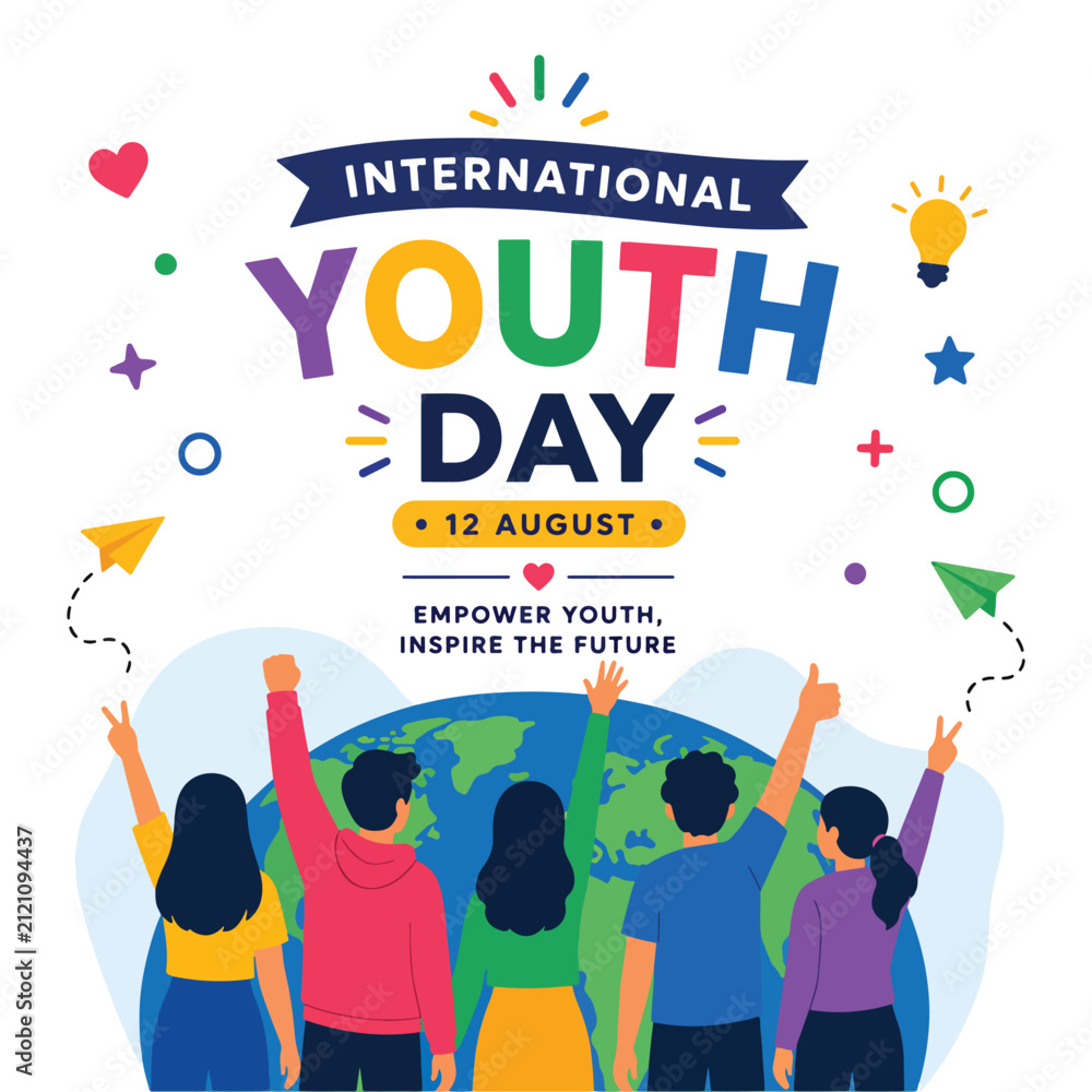 Naklejka premium International Youth Day Colorful Flat Vector Poster with Youth Standing Together Around the World