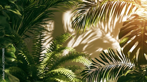 tropical leaves and sunlight, green palm trees