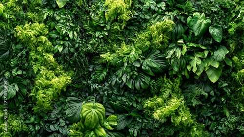Lush green living wall with various tropical plants