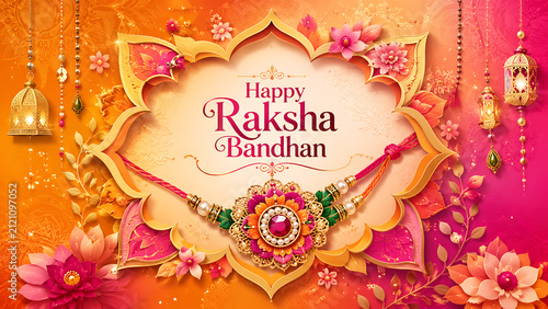 Happy raksha bandhan ornate gemstone rakhi within golden floral frame and vibrant orange pink decorations celebrating joyful rakhi purnima festival tradition together