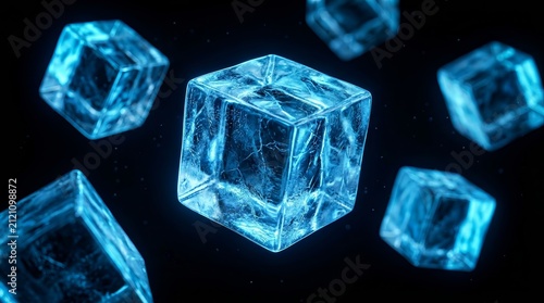 Collection of glowing blue ice cubes suspended in space with a dark backdrop.
