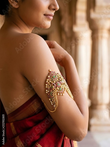 Woman Wearing Ornate Gold Peacock Vanki Armlet with Rubies and Pearls in Traditional Red Saree