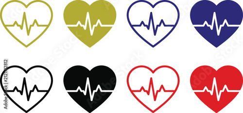 Set of heart rate and heartbeat vector icons, medical and healthcare sign design elements