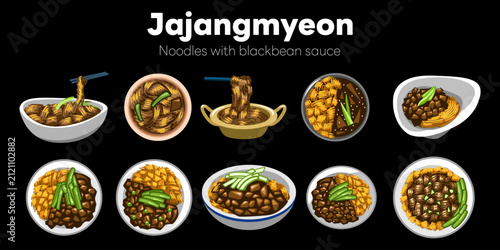 Foto Jajangmyeon black bean sauce noodle dishes vector illustration set