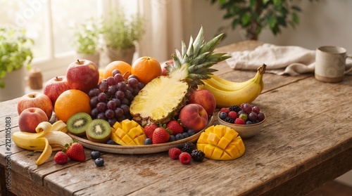 Fresh assorted fruits on a rustic wooden table with natural lighting