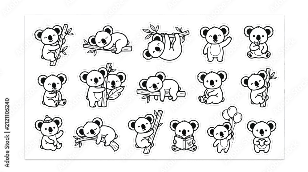 Fototapeta premium Collection of cute koala illustrations showing a head koala in various playful poses and activities