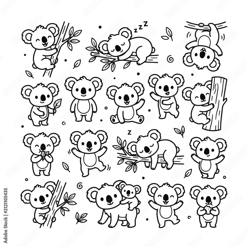 Obraz premium Cute koala illustrations showing a variety of poses and activities, including sleeping and climbing, with a focus