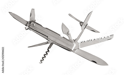 Canvastavla Multi blade folding pocket knife in steel metal, isolated on transparent backgro