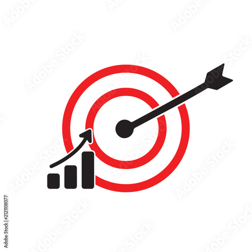 Business growth target icon with rising bar chart and arrow hitting the bullseye. Clean strategy, success, KPI, goal achievement, performance, analytics, planning, and marketing concept.