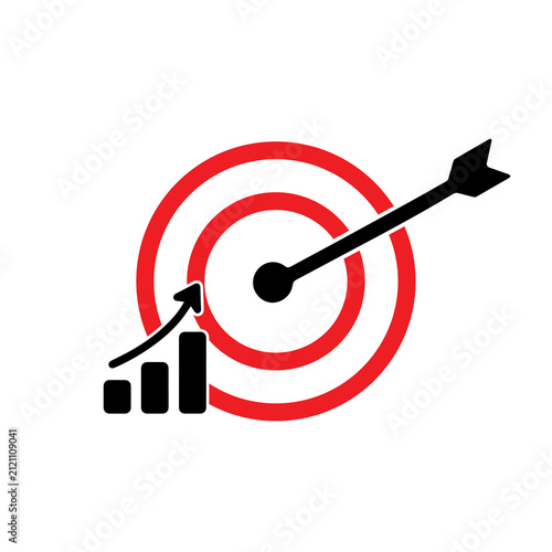 Business growth target icon with rising bar chart and arrow hitting the bullseye. Clean strategy, success, KPI, goal achievement, performance, analytics, planning, and marketing concept.