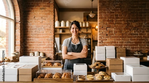 Smiling female baker standing with folded arms in a rustic bakery shop