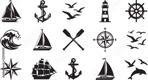 Set of black and white vector graphic nautical icons featuring sailing ships anchors seagulls compasses waves and maritime navigation tools