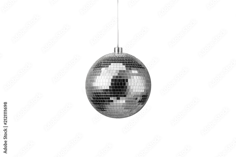 Fototapeta premium Hanging silver disco ball with mirrored square tiles