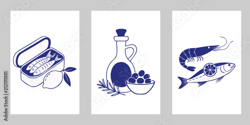 Mediterranean seafood vector illustration set with canned sardines olive oil shrimp and fresh fish.