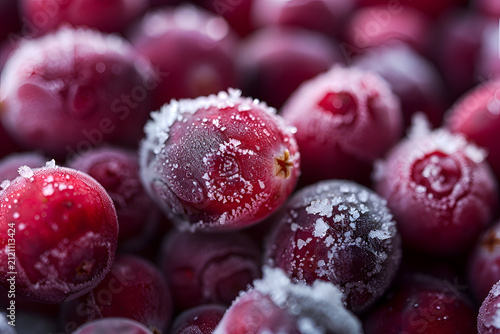 Close-up of frosted cranberries with ice crystals