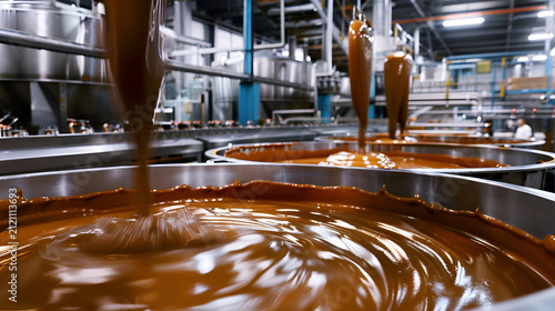 Industrial chocolate production in factory with flowing liquid chocolate
