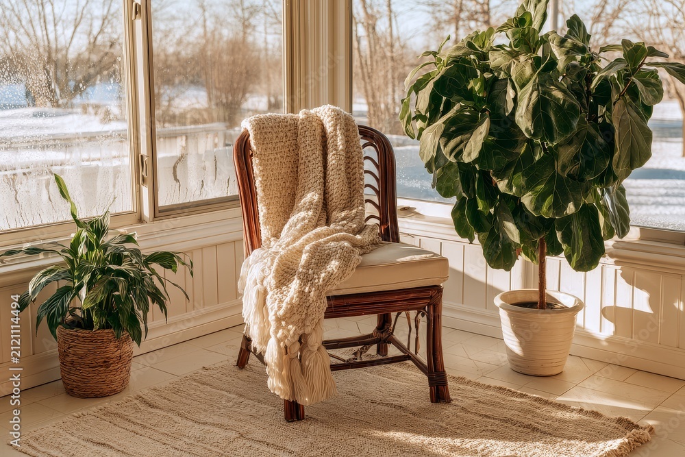Fototapeta premium A winter sunroom plant corner alongside cozy chair and wool throw, uncluttered center area and elegant symmetry.