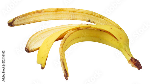 Opened banana peel remaining after eating the fruit, isolated on transparent cutout background
