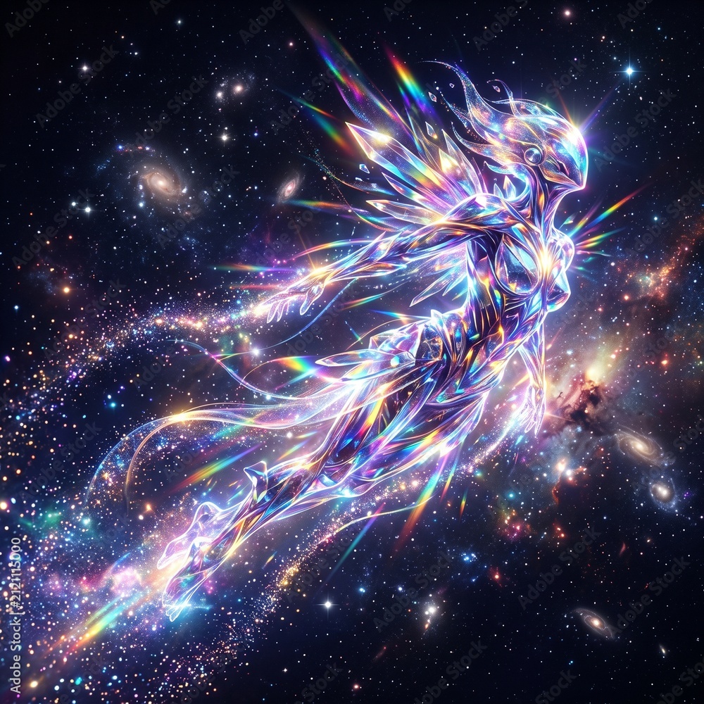 Fototapeta premium A futuristic crystal humanoid flying through deep space surrounded by colorful cosmic light, stars, and galaxies. Vibrant sci-fi digital artwork featuring a luminous energy being, ideal for themes of 