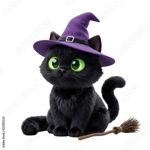 Cute 3D black cat wearing a purple witch hat sitting next to a magical broom, isolated on transparent background