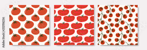 Fresh red tomato and cherry tomato seamless pattern set isolated