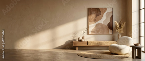 Modern Beige Living Room Interior With Boucle Armchair Coffee Table And Abstract Art