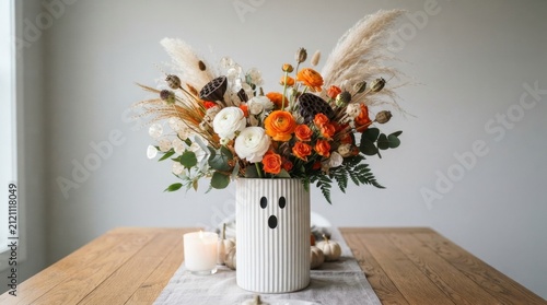 Autumn Flower Arrangement In Ghost Ceramic Vase