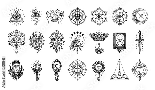 Canvas Print Elegant Occult Tarot Line Emblems Vector Collection with Crystal Ball Astrology